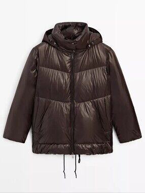 BNWT Massimo Dutti Water-Repellent Shiny Down Puffer Jacket - Brown, Size M